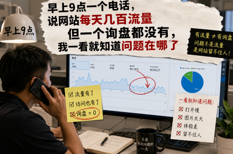 早上9点一个电话，说网站每天几百流量但一个询盘都没有，我一看就知道问题在哪了